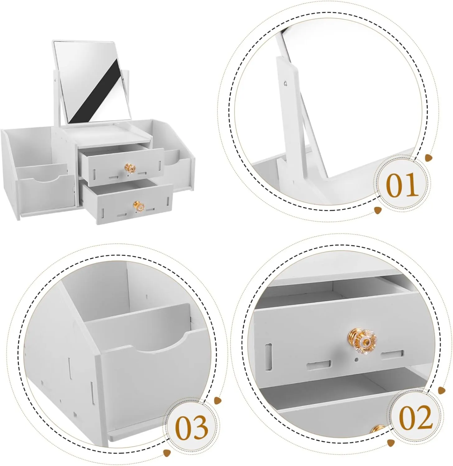 Cosmetic Organizer Drawers and Mirror Makeup Vanity Countertop Makeup Holder