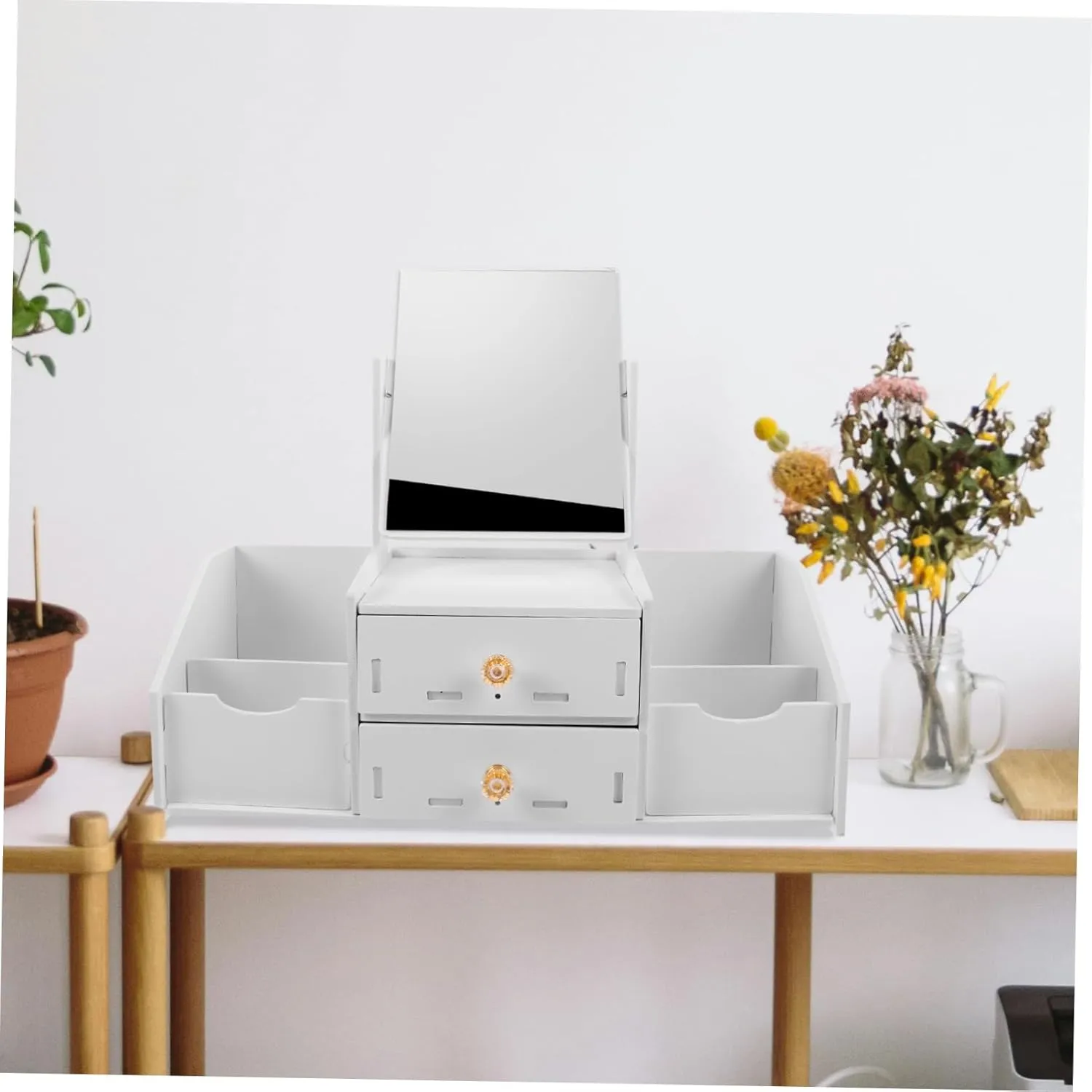 Cosmetic Organizer Drawers and Mirror Makeup Vanity Countertop Makeup Holder