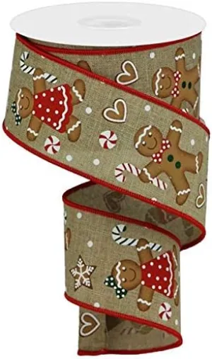 Craig Bachman Gingerbread Wired Edge Ribbon - 2.5" x 10 Yards (Light Beige, Tan, Red, Emerald Green) - 100% Polyester - Canvas - Christmas