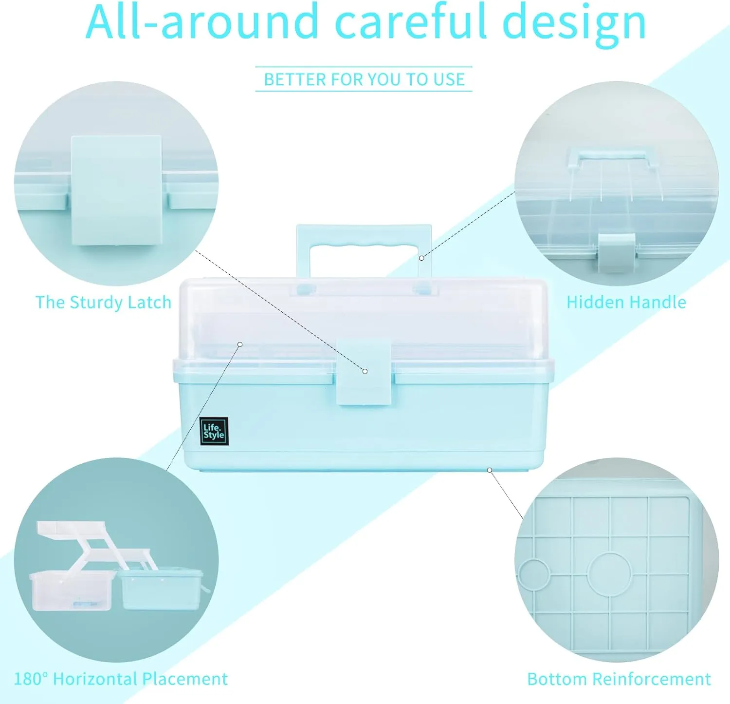 Creahaus 13 inch Art Craft Organizer Storage Box with 3 Layer, Multipurpose Plastic Tool Box with Handle for Sewing, Art Supply, Medicine, Nail, Hair Accessories (Blue)