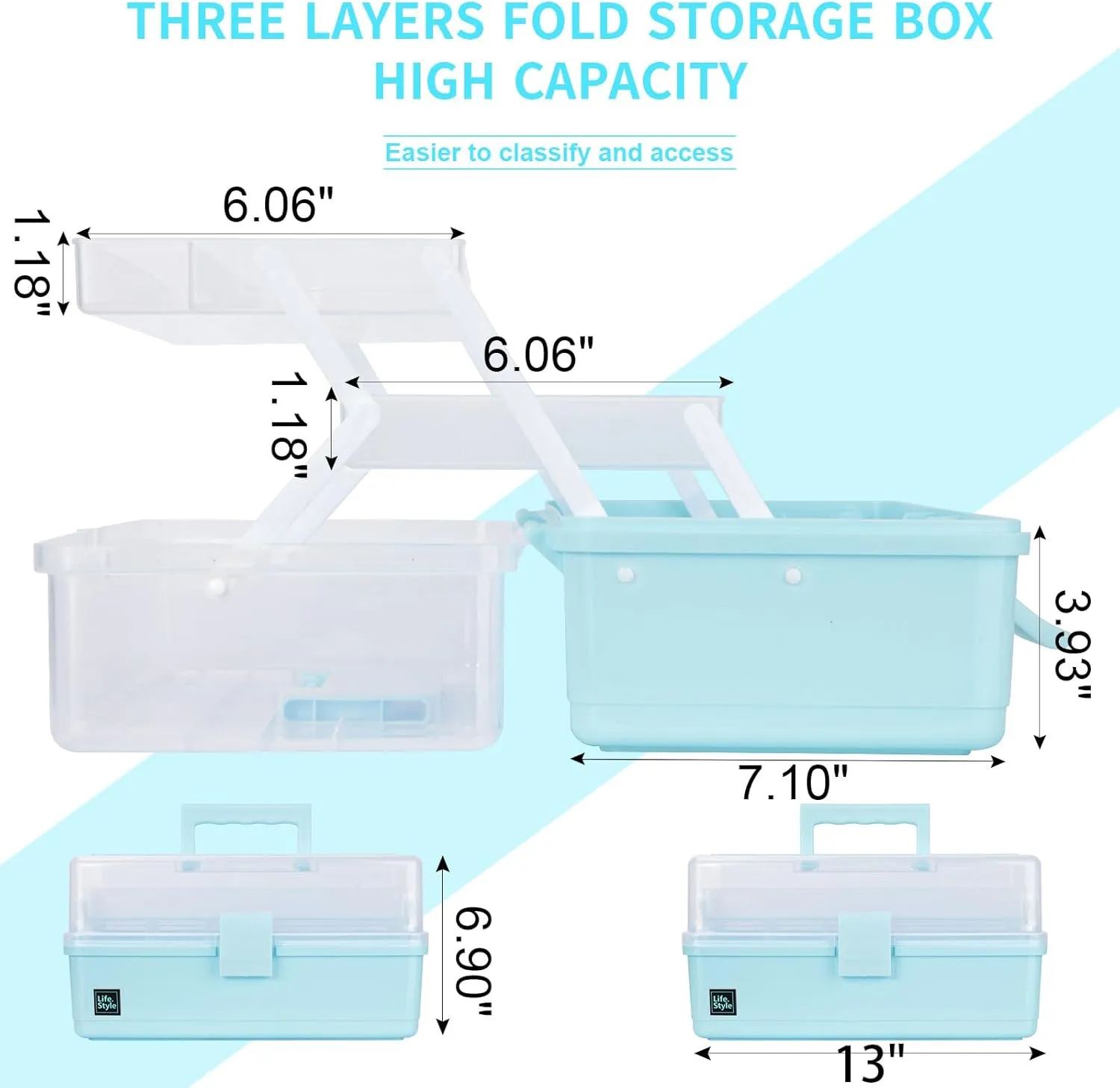 Creahaus 13 inch Art Craft Organizer Storage Box with 3 Layer, Multipurpose Plastic Tool Box with Handle for Sewing, Art Supply, Medicine, Nail, Hair Accessories (Blue)