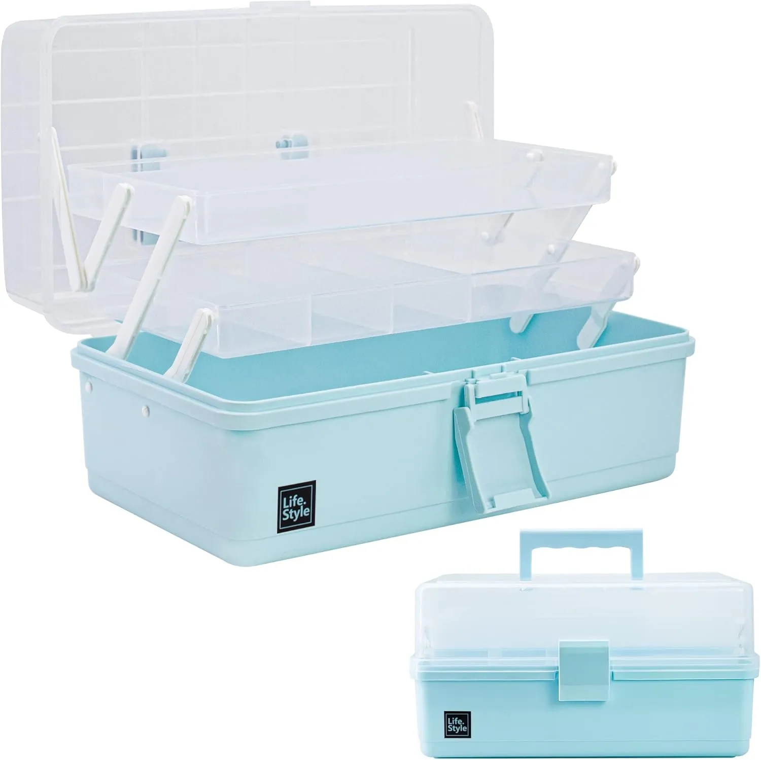 Creahaus 13 inch Art Craft Organizer Storage Box with 3 Layer, Multipurpose Plastic Tool Box with Handle for Sewing, Art Supply, Medicine, Nail, Hair Accessories (Blue)