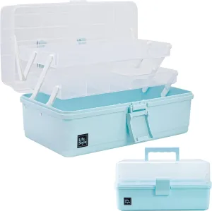 Creahaus 13 inch Art Craft Organizer Storage Box with 3 Layer, Multipurpose Plastic Tool Box with Handle for Sewing, Art Supply, Medicine, Nail, Hair Accessories (Blue)