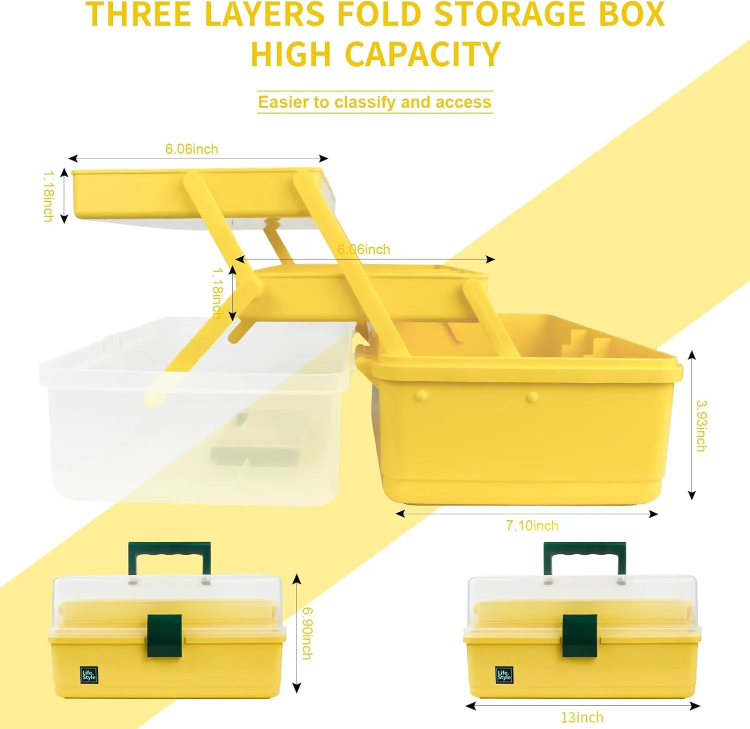 Creahaus 13 inch Art Craft Organizer Storage Box with 3 Layer, Multipurpose Plastic Tool Box with Handle for Sewing, Art Supply, Medicine, Nail, Hair Accessories (Yellow)