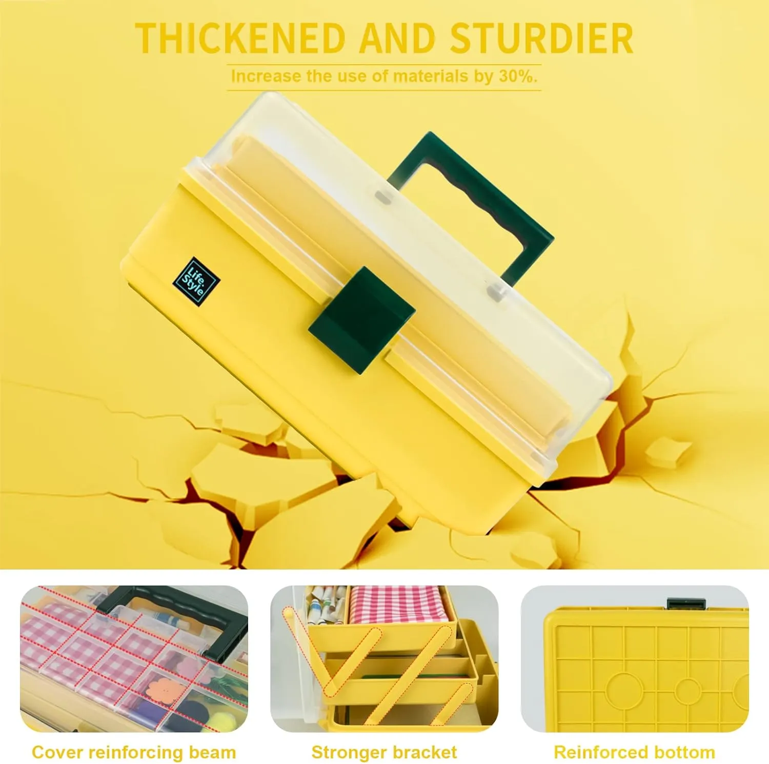 Creahaus 13 inch Art Craft Organizer Storage Box with 3 Layer, Multipurpose Plastic Tool Box with Handle for Sewing, Art Supply, Medicine, Nail, Hair Accessories (Yellow)