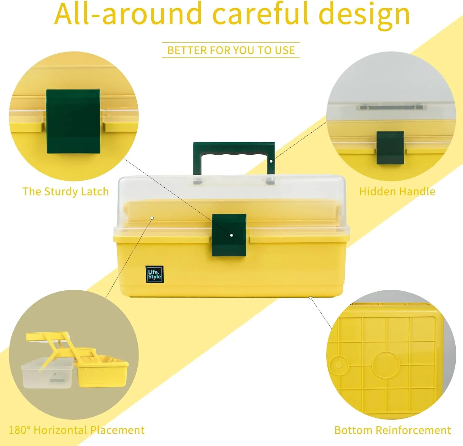 Creahaus 13 inch Art Craft Organizer Storage Box with 3 Layer, Multipurpose Plastic Tool Box with Handle for Sewing, Art Supply, Medicine, Nail, Hair Accessories (Yellow)