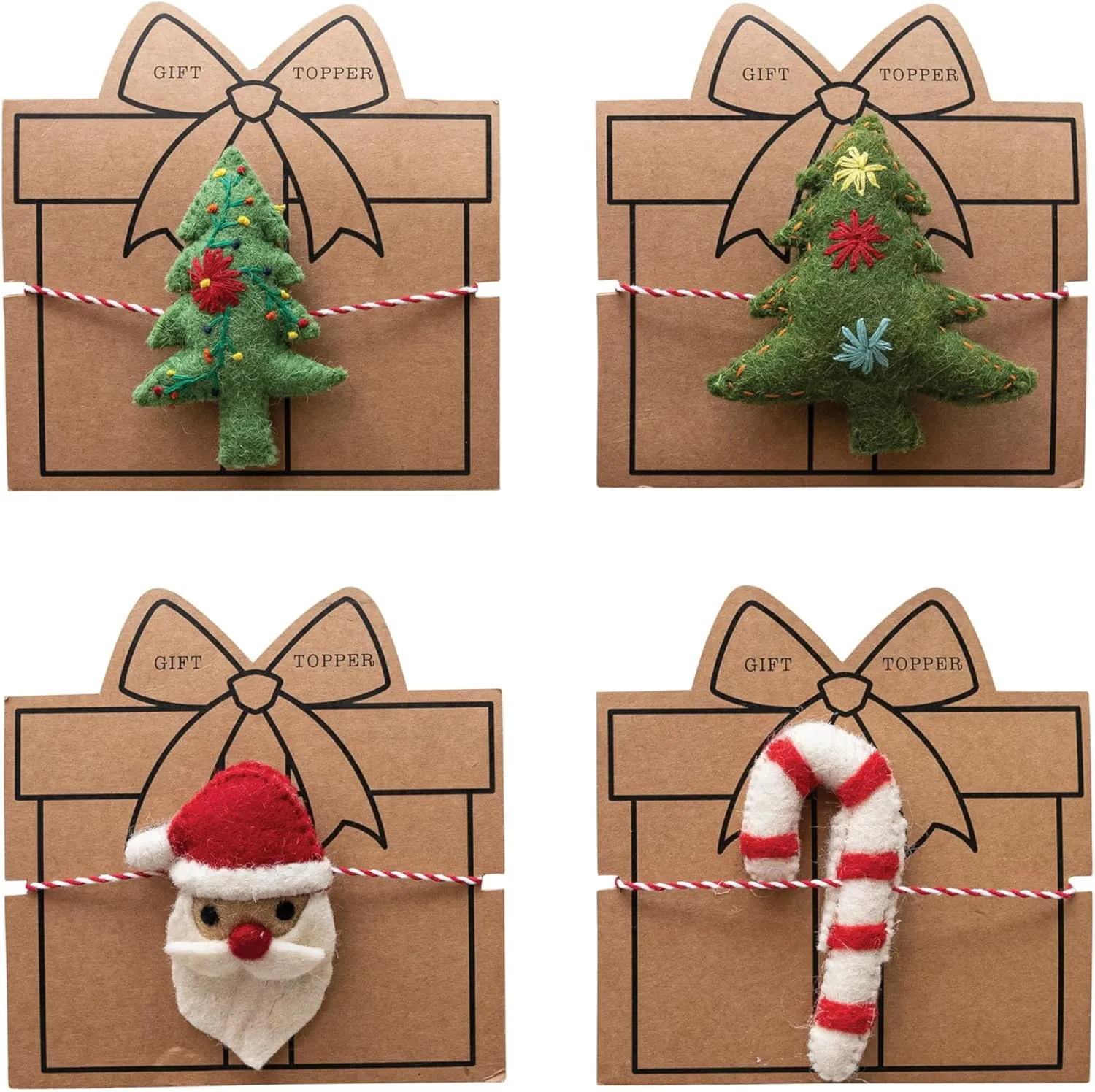 Creative Co-Op Handmade Wool Felt Gift Topper with Santa, Cane, and Christmas Tree, Multicolor, Set of 4