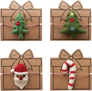 Creative Co-Op Handmade Wool Felt Gift Topper with Santa, Cane, and Christmas Tree, Multicolor, Set of 4