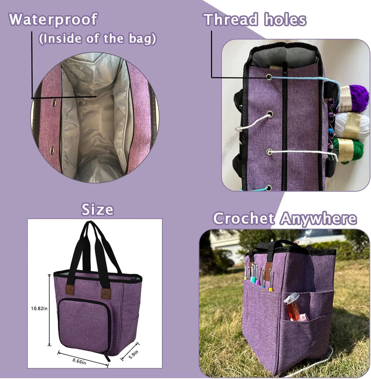 Crochet Bag,Middle size Yarn bag,Knitting Bag,Tote organizer for Crochet Accessories and Supplies,Yarn storage handbag.(Purple)