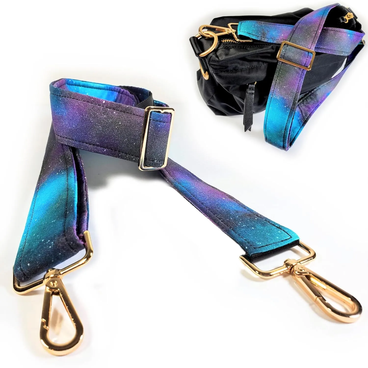 Cross Body Purple Nebula Galaxy Guitar Style Bag Strap -Purple Space Guitar Style Bag Strap Custom Color- Adjustable -Double Padded-Durable- (2" Width, Bronze)