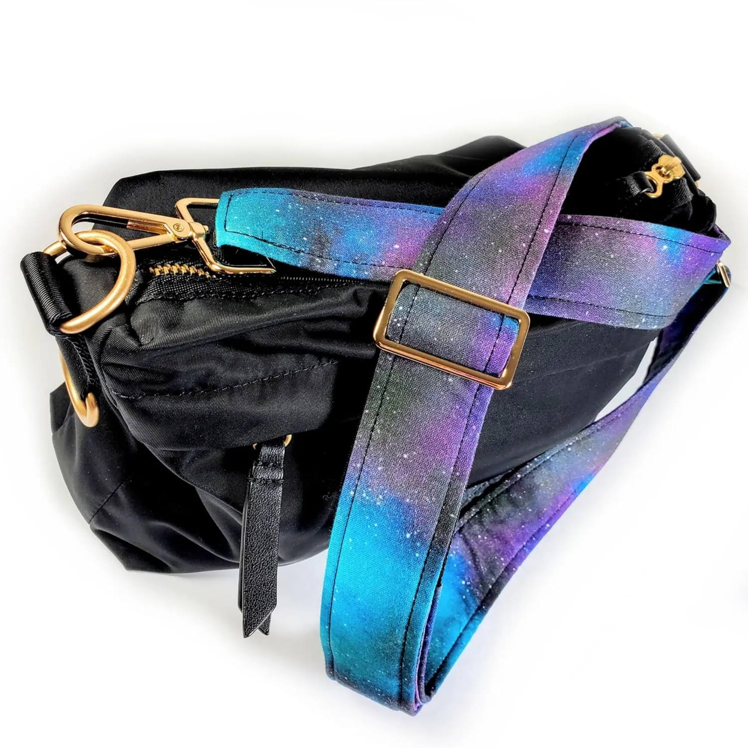 Cross Body Purple Nebula Galaxy Guitar Style Bag Strap -Purple Space Guitar Style Bag Strap Custom Color- Adjustable -Double Padded-Durable- (2" Width, Bronze)