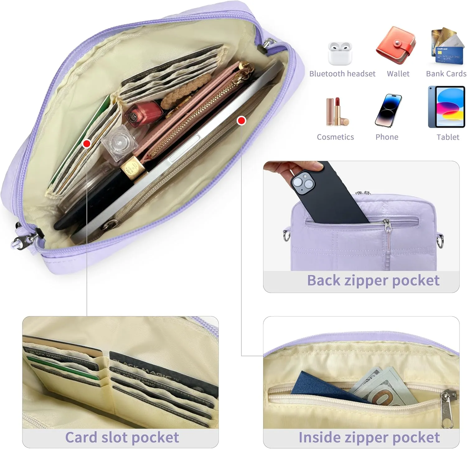 Crossbody Bags for Women, Small Quilted Shoulder Handbag with Adjustable Guitar Strap and Card Slots, Travel Purse