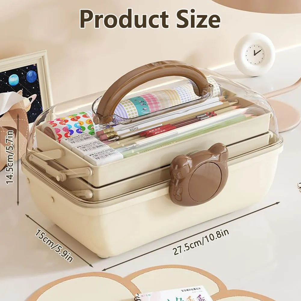 Cute Hair Accessories Organizer 3-Layers Kids Jewelry Storage Box Plastic Hair Accessories holder for Girls (Brown-Bear)