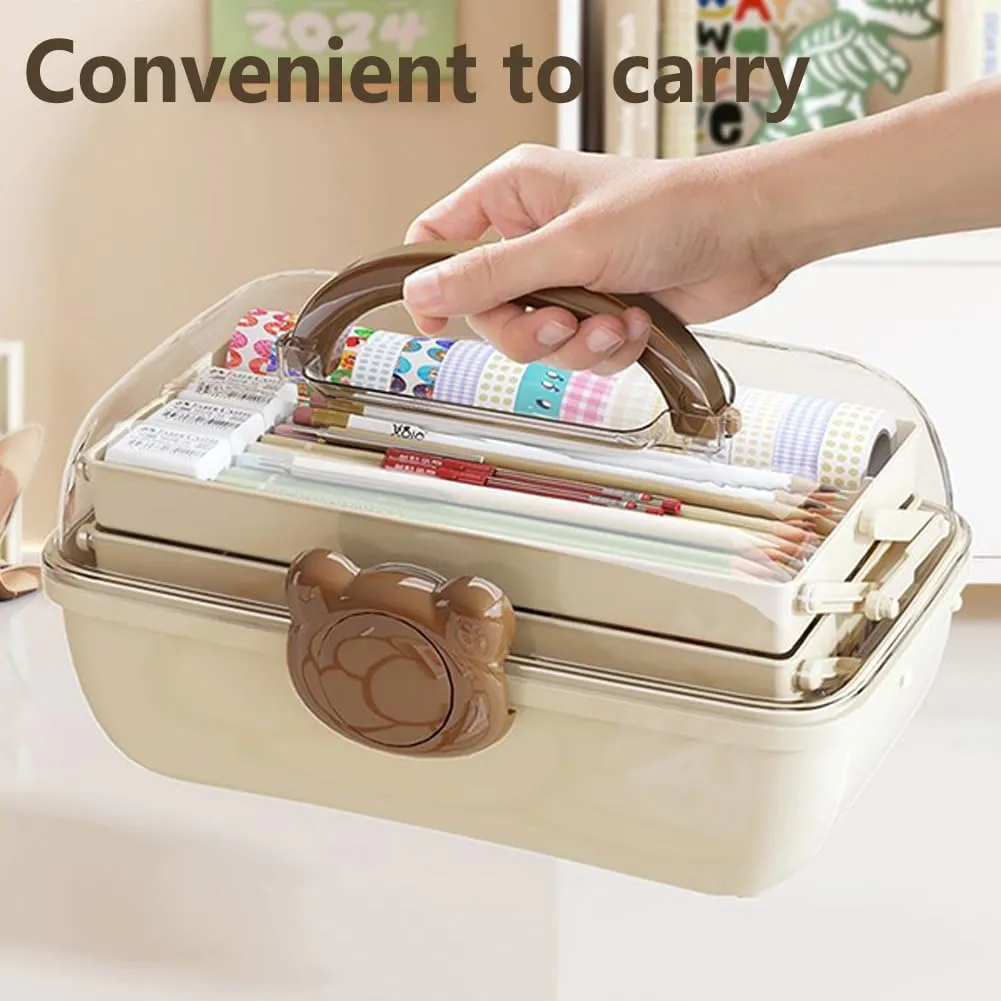 Cute Hair Accessories Organizer 3-Layers Kids Jewelry Storage Box Plastic Hair Accessories holder for Girls (Brown-Bear)