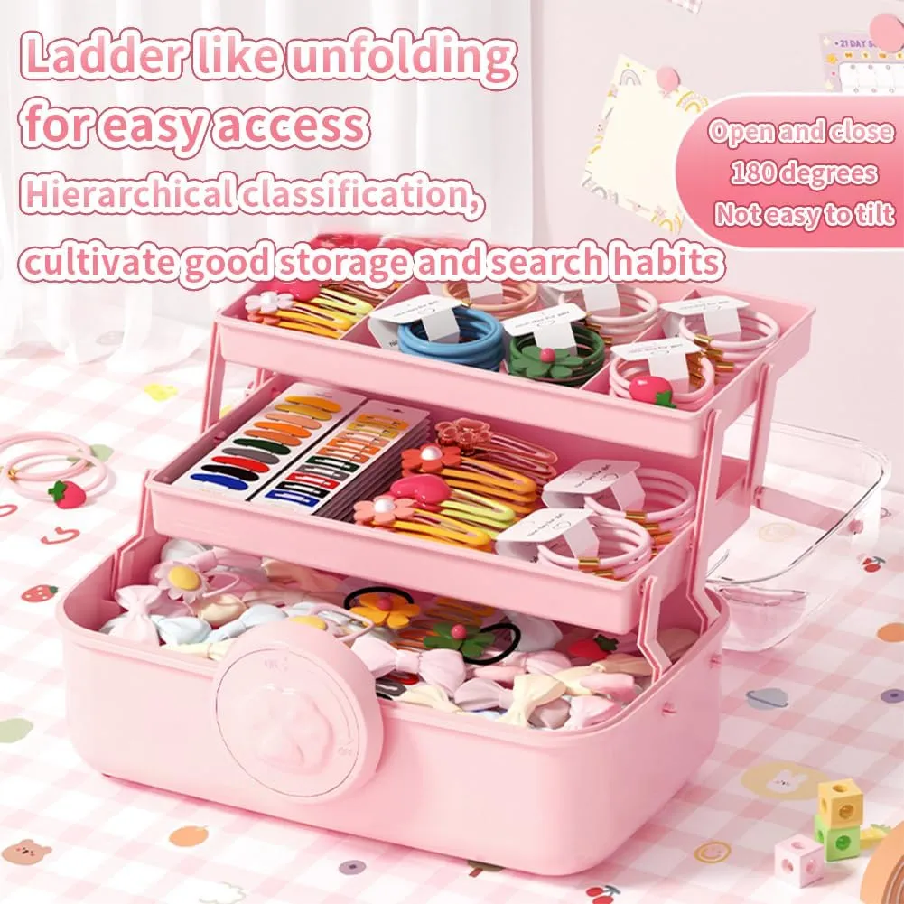 Cute Hair Accessories Organizer 3-Layers Kids Jewelry Storage Box Plastic Hair Accessories holder for Girls (Purple-Cat)