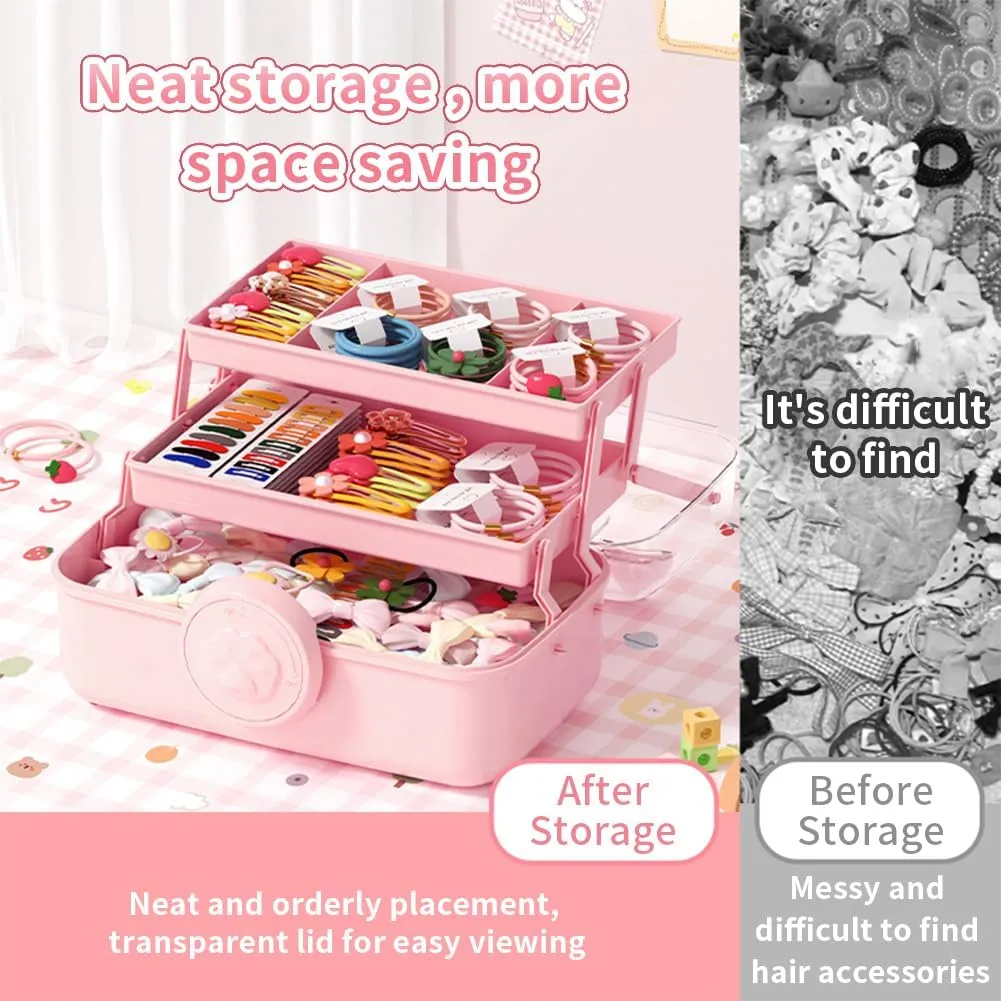 Cute Hair Accessories Organizer 3-Layers Kids Jewelry Storage Box Plastic Hair Accessories holder for Girls (Purple-Cat)
