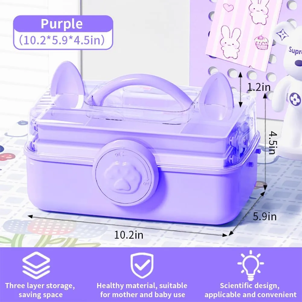 Cute Hair Accessories Organizer 3-Layers Kids Jewelry Storage Box Plastic Hair Accessories holder for Girls (Purple-Cat)