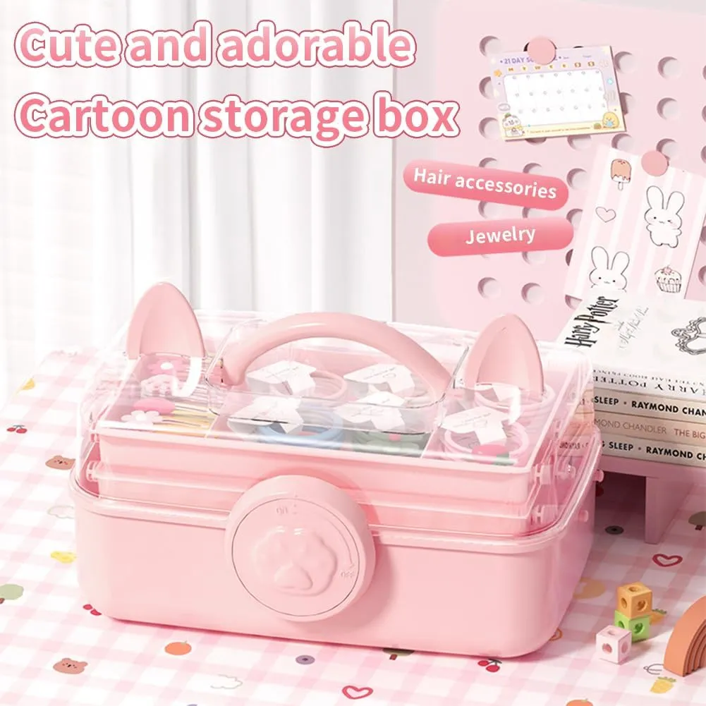 Cute Hair Accessories Organizer 3-Layers Kids Jewelry Storage Box Plastic Hair Accessories holder for Girls (Purple-Cat)