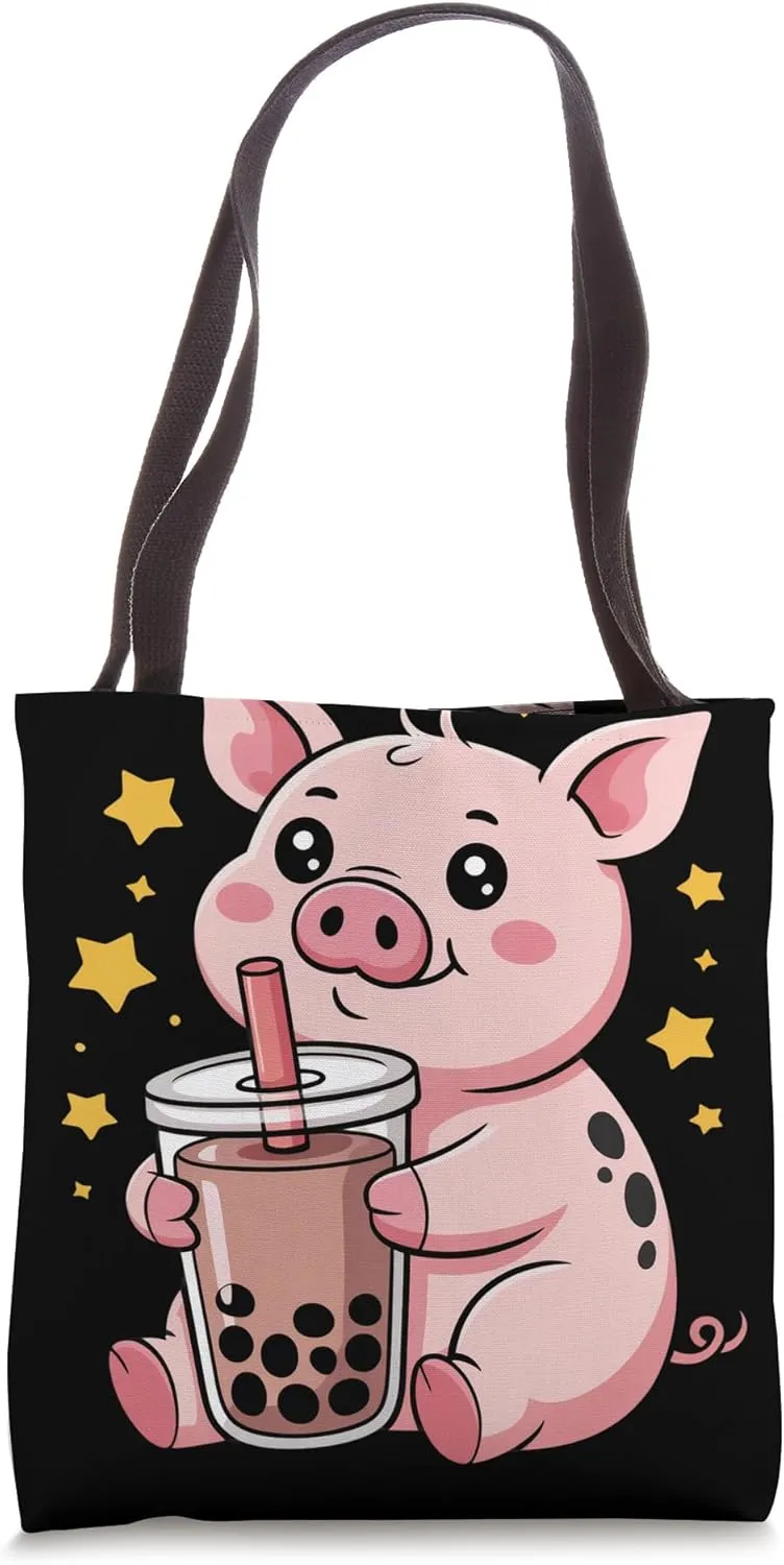 Cute Kawaii Pig Boba Tea Tote Bag