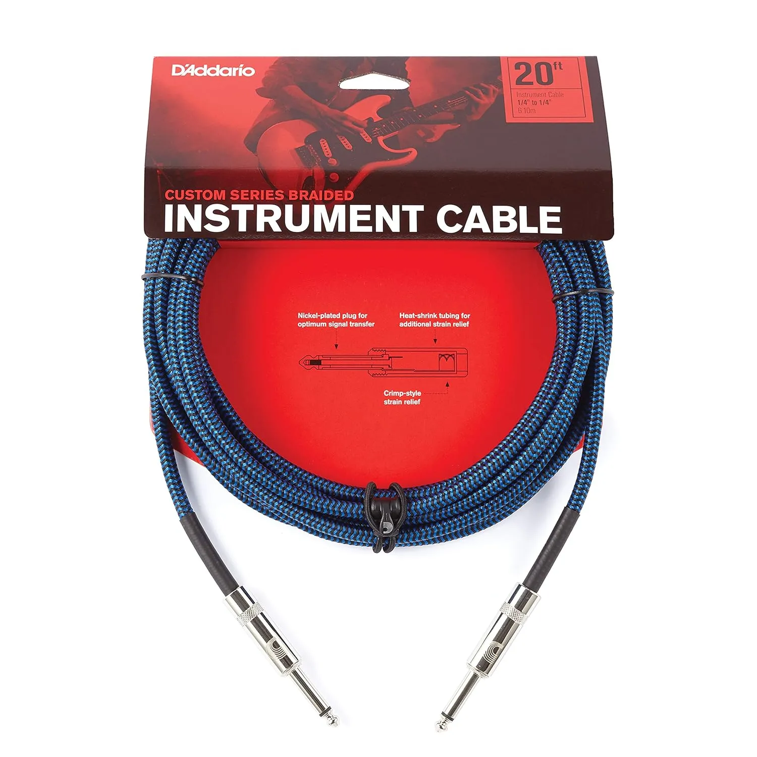 D’Addario Accessories Custom Series Braided Guitar Cable - Instrument Cable with Nickel Plated ¼ Inch Ends - Protects Guitar Cord Against Cuts, Kinking - 20 feet - Blue