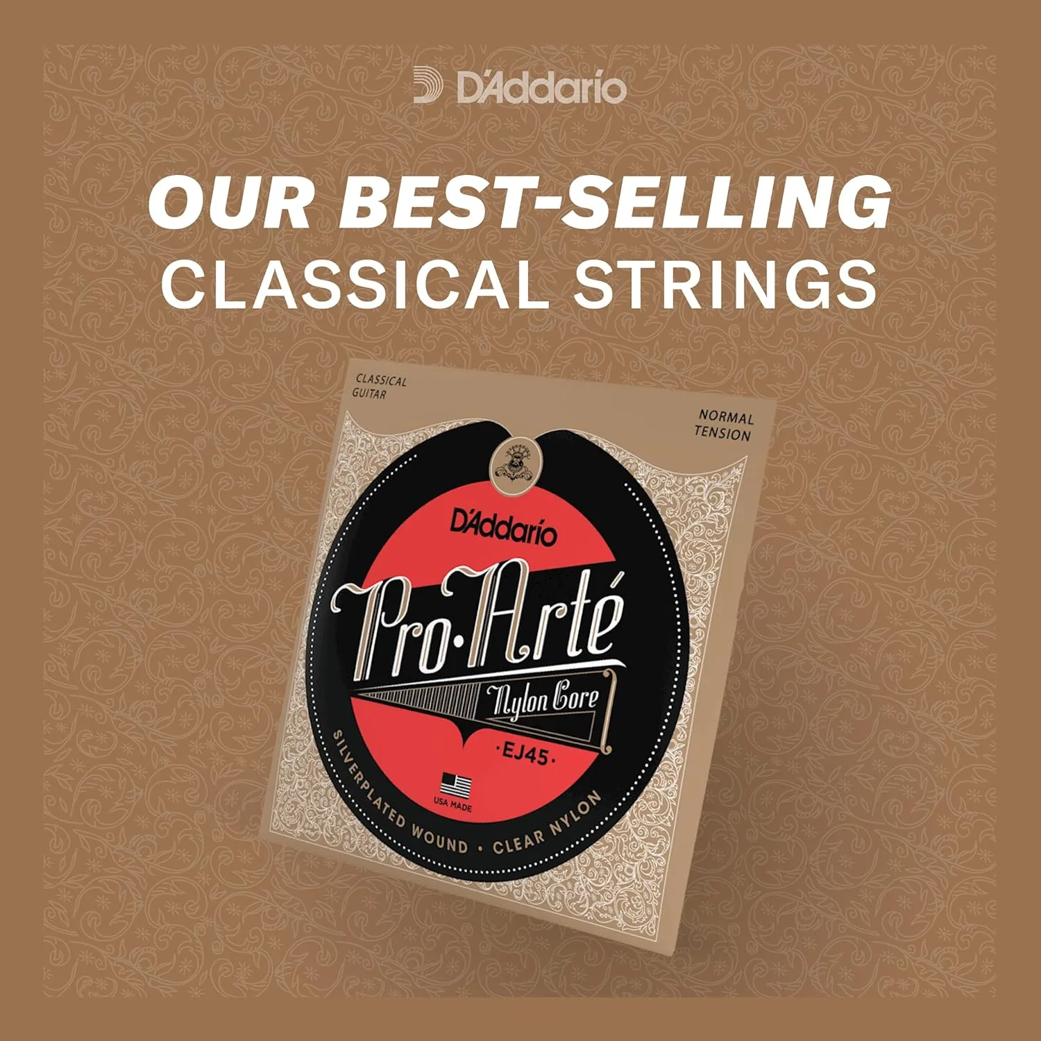 D'Addario EJ45 Pro-Arte Nylon Classical Guitar Strings, Normal Tension – Nylon Core Basses, Laser Selected Trebles - Offers Balance of Volume and Comfortable Resistance – 1 Set