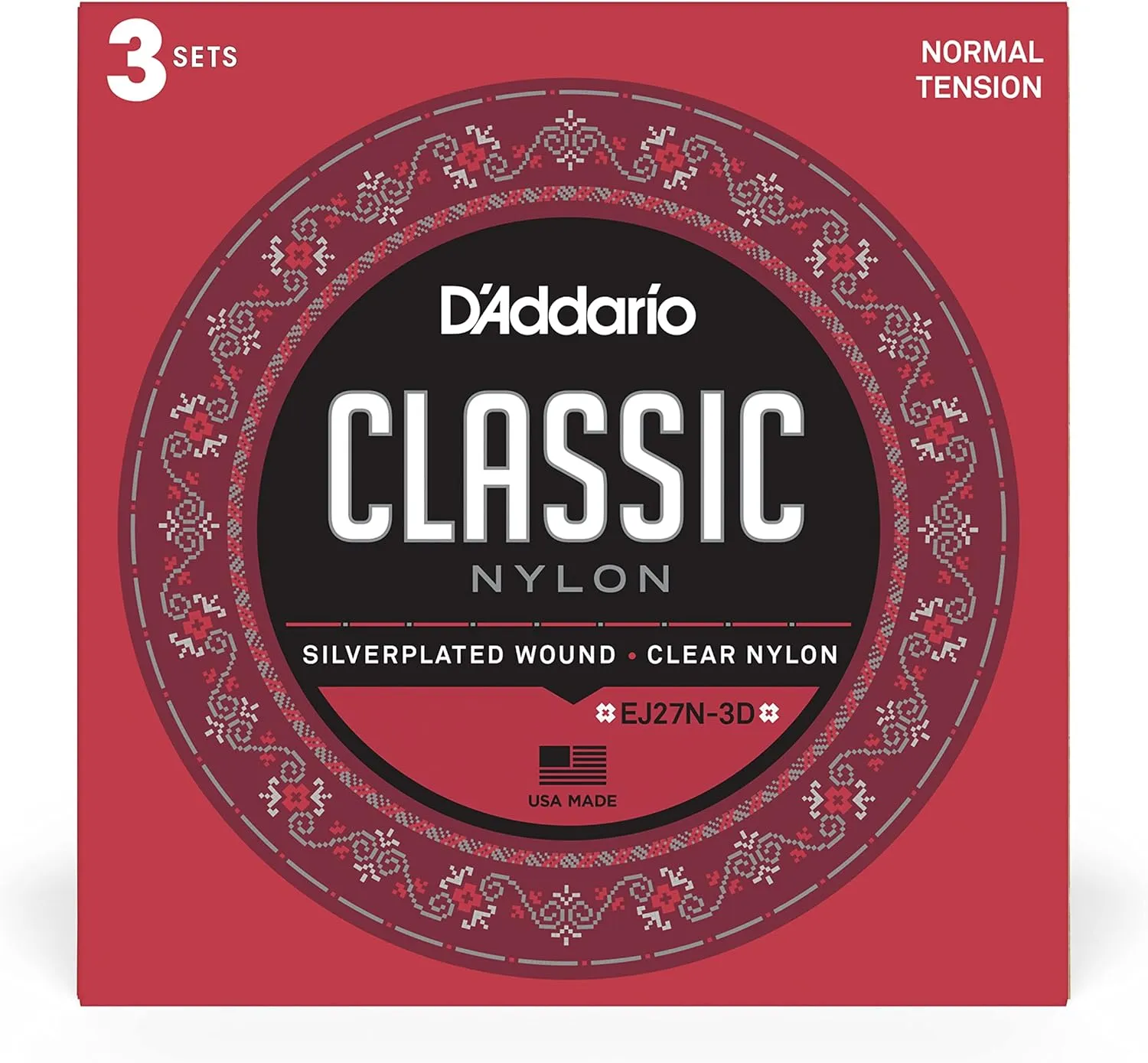 D'Addario Guitar Strings - Classic Nylon Guitar Strings - EJ27N Classical Guitar Strings - Silver Plated Wrap, Nylon Core, Clear Student Nylon Trebles - Normal Tension, 3-Pack