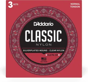 D'Addario Guitar Strings - Classic Nylon Guitar Strings - EJ27N Classical Guitar Strings - Silver Plated Wrap, Nylon Core, Clear Student Nylon Trebles - Normal Tension, 3-Pack