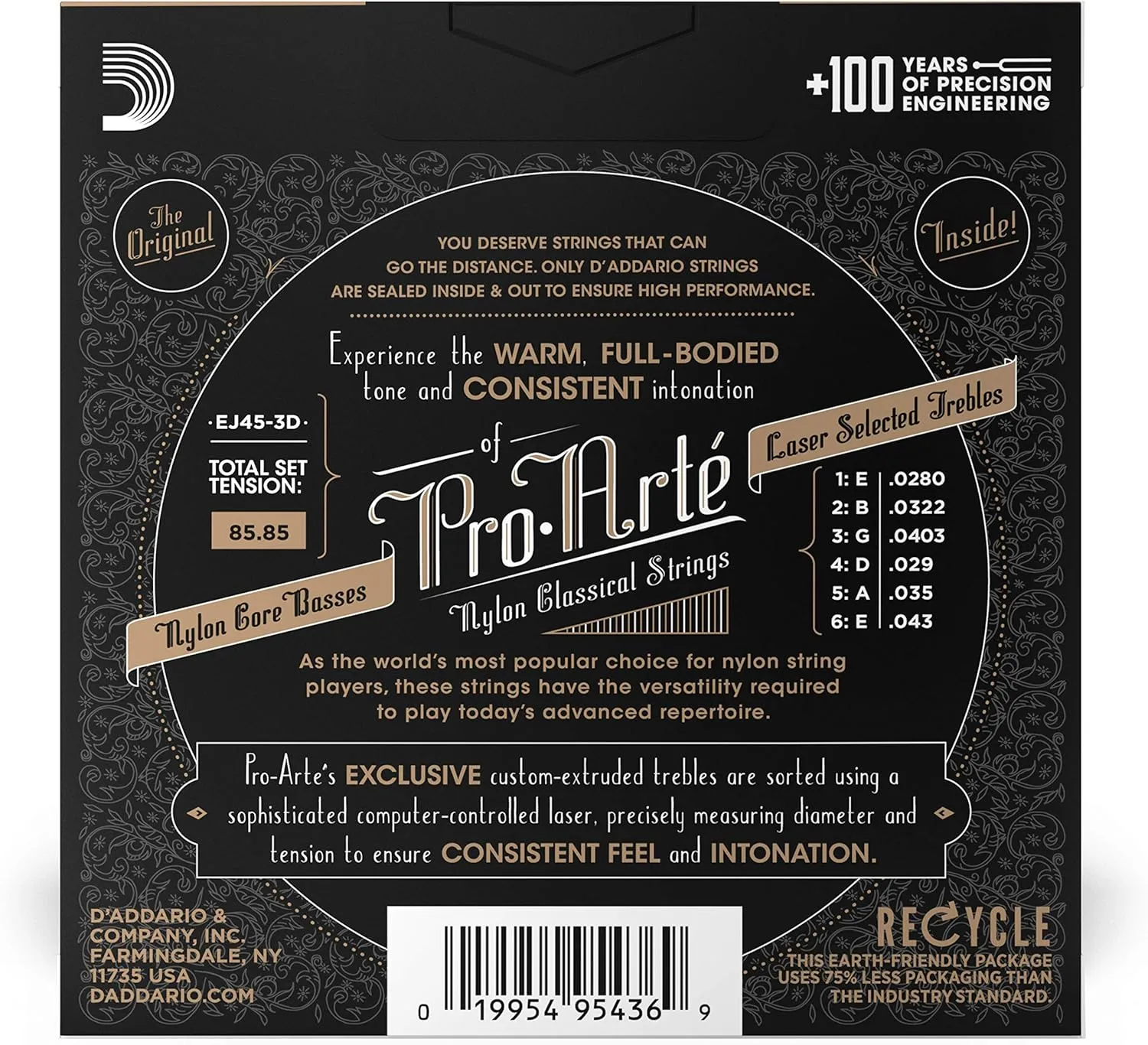 D'Addario Guitar Strings - Pro-Arte Classical Guitar Strings - EJ45-3D - Nylon Guitar Strings - Silver Plated Wound, Nylon Core - Normal Tension, 3-Pack