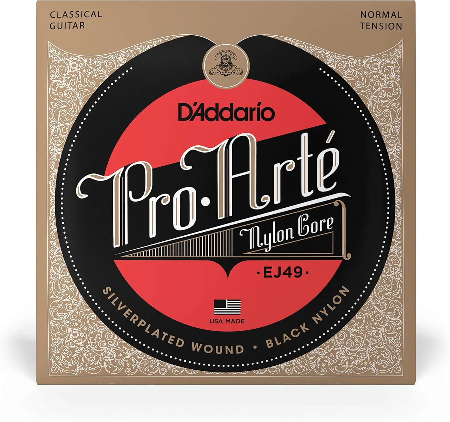D'Addario Guitar Strings - Pro-Arte Classical Guitar Strings - EJ49 - Nylon Guitar Strings - Silver Plated Wound, Black Nylon Core - Normal Tension