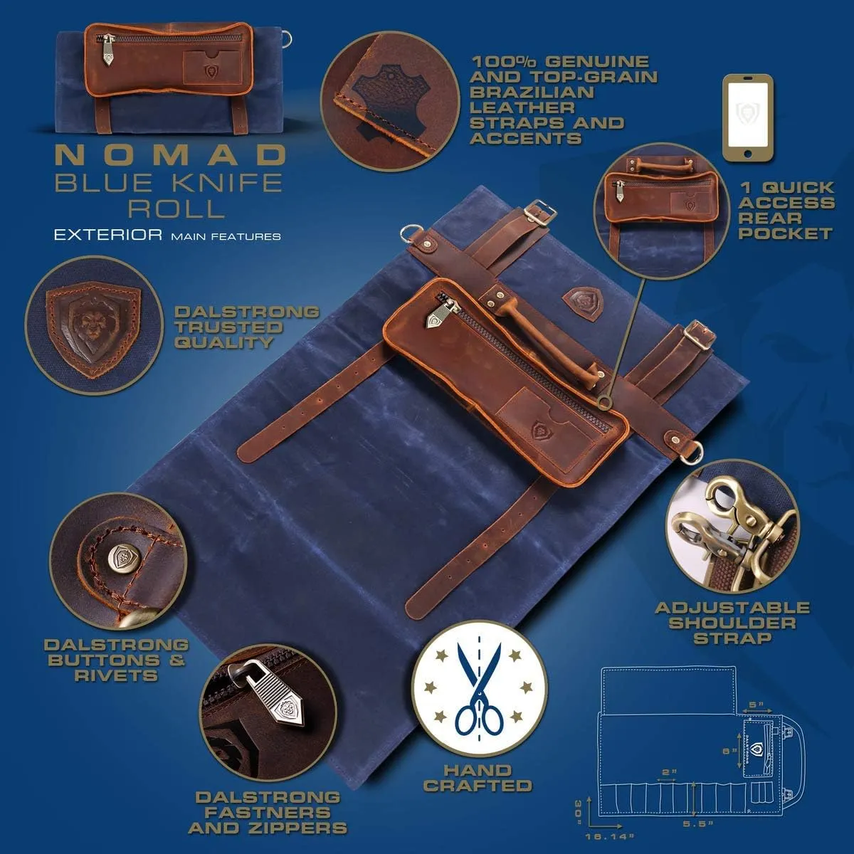 Dalstrong Nomad Knife Wrap Roll - 12oz Waxed Canvas Top Grain Leather Knife Roll Bag- 13 Slots - Interior & Rear Zipper Pockets - Travel Storage with Blade