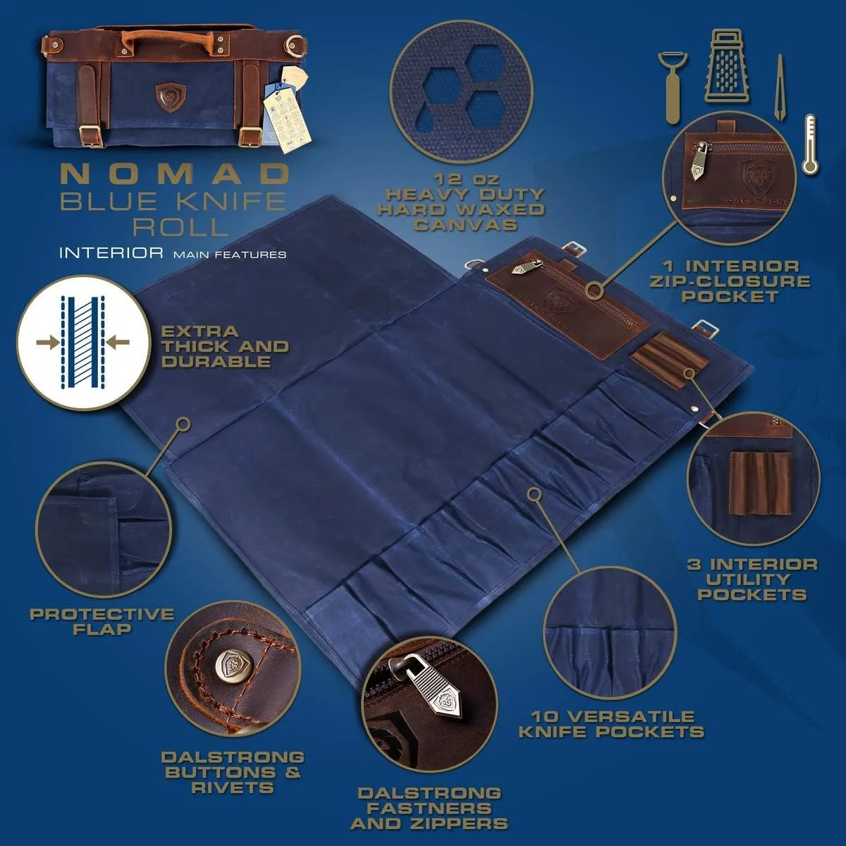 Dalstrong Nomad Knife Wrap Roll - 12oz Waxed Canvas Top Grain Leather Knife Roll Bag- 13 Slots - Interior & Rear Zipper Pockets - Travel Storage with Blade