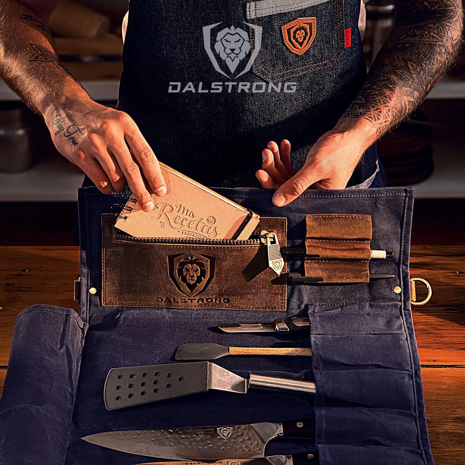 Dalstrong Nomad Knife Wrap Roll - 12oz Waxed Canvas Top Grain Leather Knife Roll Bag- 13 Slots - Interior & Rear Zipper Pockets - Travel Storage with Blade