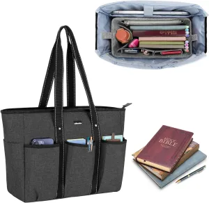 Damero Large Bible Bag with Organizer Insert, Bible Carrying Bag Bible Journaling Supplies Tote with Laptop Sleeve and Water Bottle Pocket