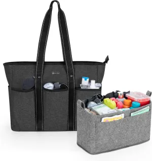 Damero Nurse Tote Bags with Purse Organizer Insert, Nurse Bags for Work with Padded 15.6'' Laptop Sleeve and Multiple Pockets, Black