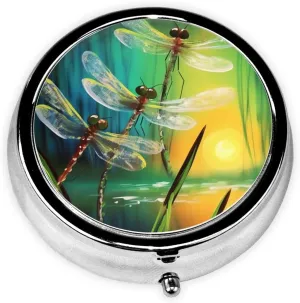 Dancing with Dragonflies Pill Box Round Pill Case for Pocket Purse 3 Compartment Medicine Pill Organizer Cute Portable Travel Pillbox Vitamin Cod Liver Oil Storage Box Unique Gift Organizer