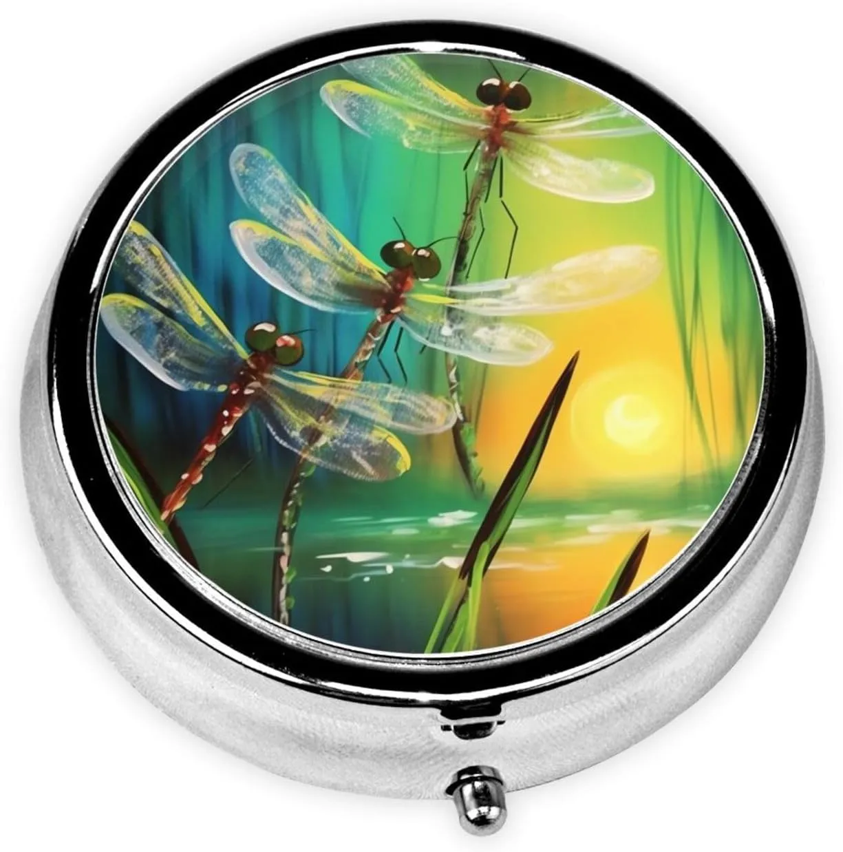 Dancing with Dragonflies Pill Box Round Pill Case for Pocket Purse 3 Compartment Medicine Pill Organizer Cute Portable Travel Pillbox Vitamin Cod Liver Oil Storage Box Unique Gift Organizer
