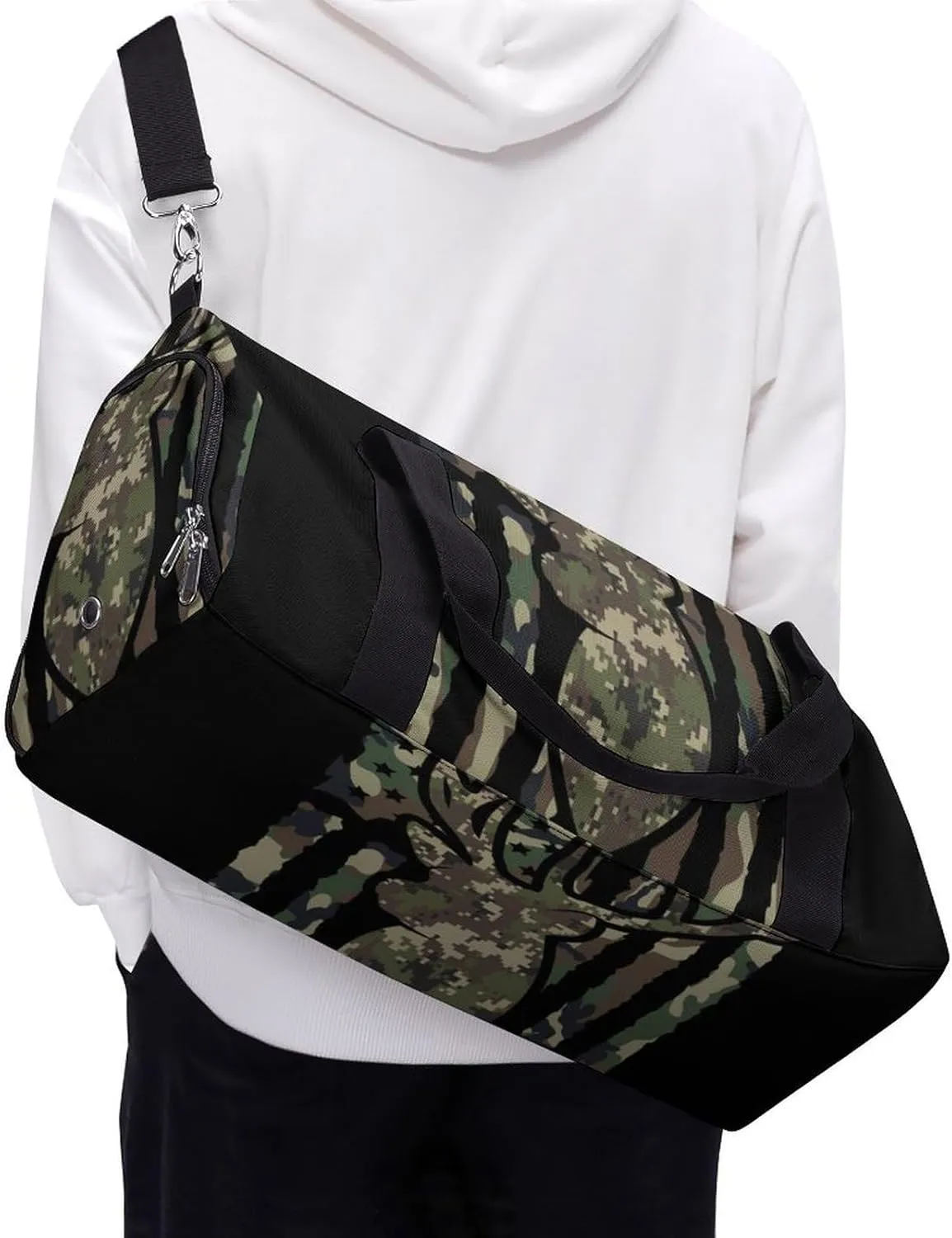Deer Camo Camouflage American Flag Hunting Black A Fitness Bag with Large Storage Space Is Suitable for Portable Outdoor Use
