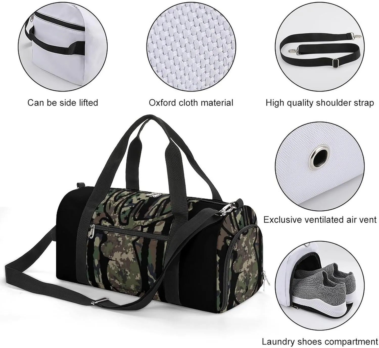 Deer Camo Camouflage American Flag Hunting Black A Fitness Bag with Large Storage Space Is Suitable for Portable Outdoor Use