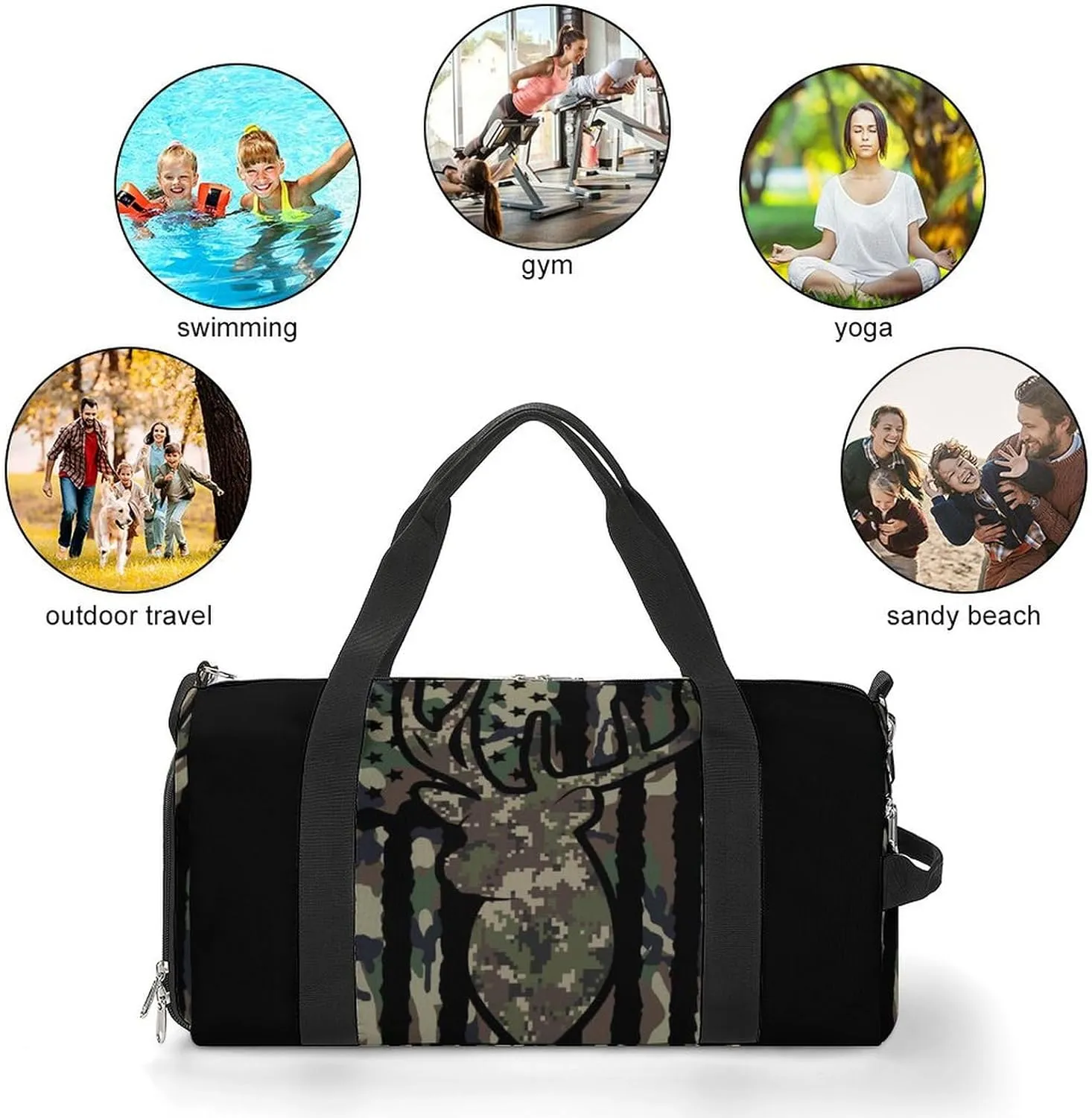 Deer Camo Camouflage American Flag Hunting Black A Fitness Bag with Large Storage Space Is Suitable for Portable Outdoor Use