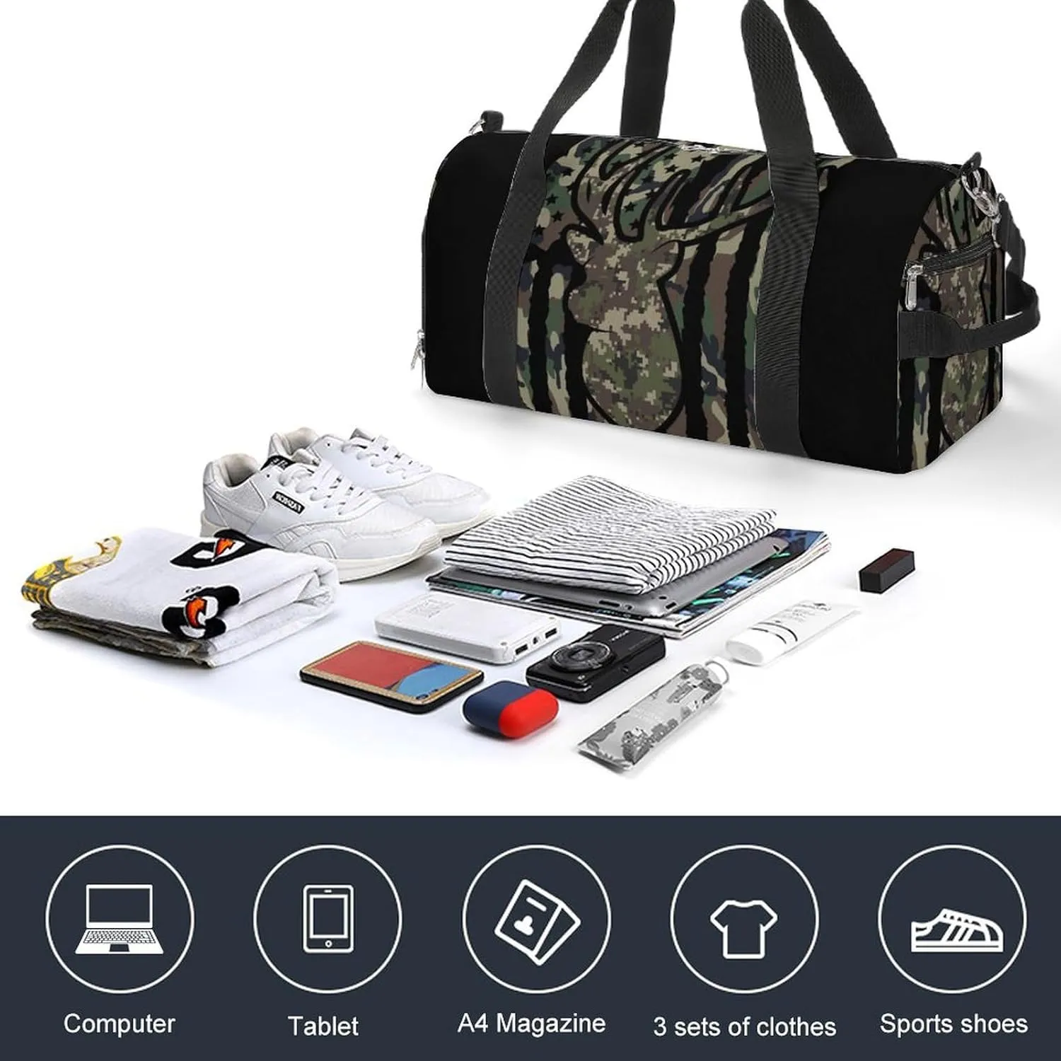 Deer Camo Camouflage American Flag Hunting Black A Fitness Bag with Large Storage Space Is Suitable for Portable Outdoor Use