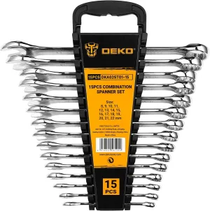 DEKOPRO Combination Wrench Set, Metric, 15-piece, 8-22mm, 12-Point, Chrome Vanadium Steel, with Plastic Tray