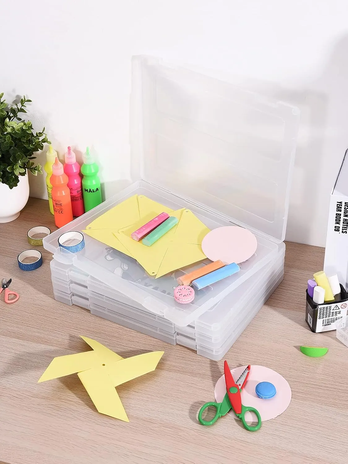 Denkee 4 Pack A4 Paper Organizer Box, Plastic Scrapbook Paper Organizer Containers for Craft and Arts Storage, Portable Board Game Storage for Art Supplies 8.5" x 11" US Letter