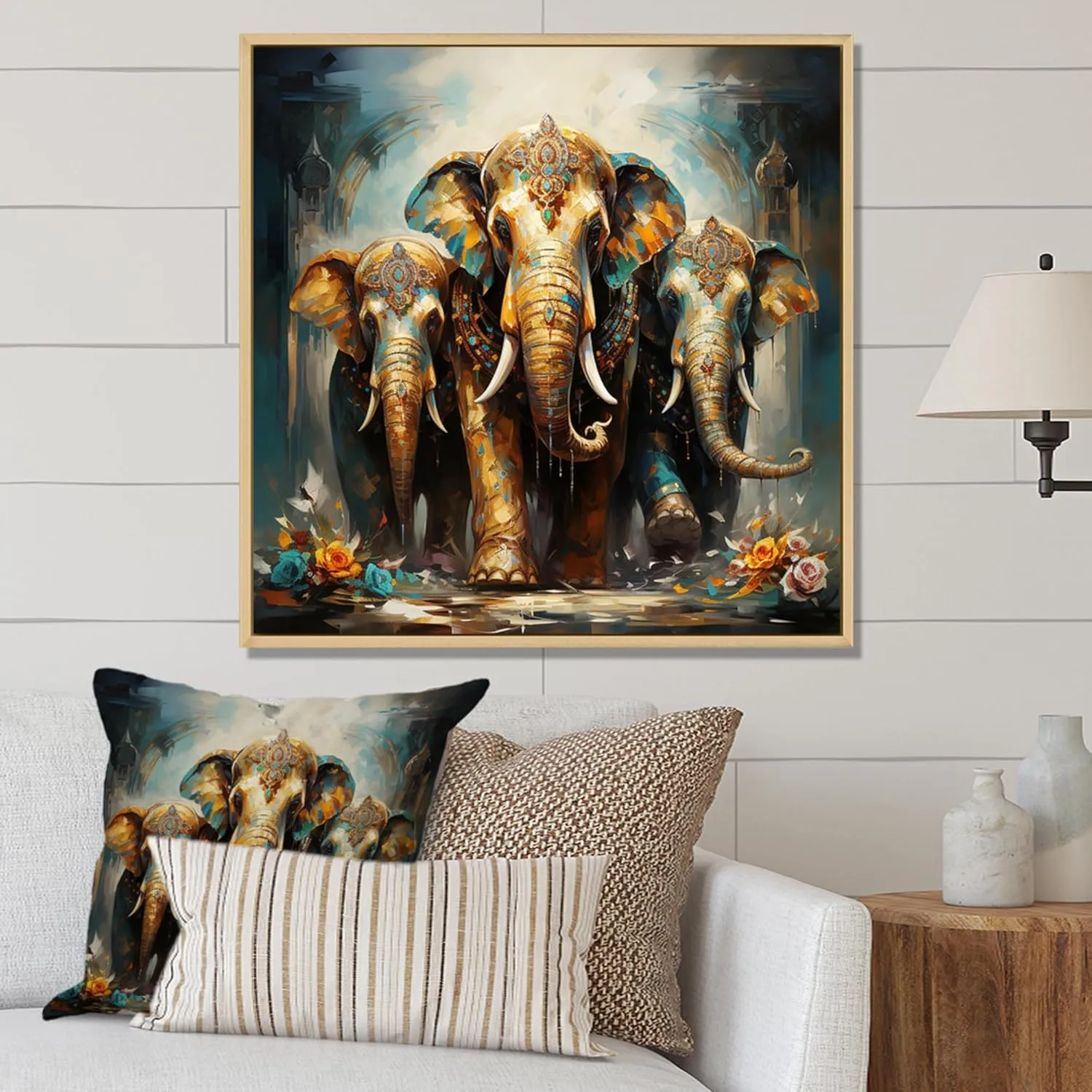 DesignQ Asian Art framed wall art, Thai Elephants Asian Painting X, asian art framed wall art decor, Grey Global Canvas Brown framed wall art, 16x16 inches