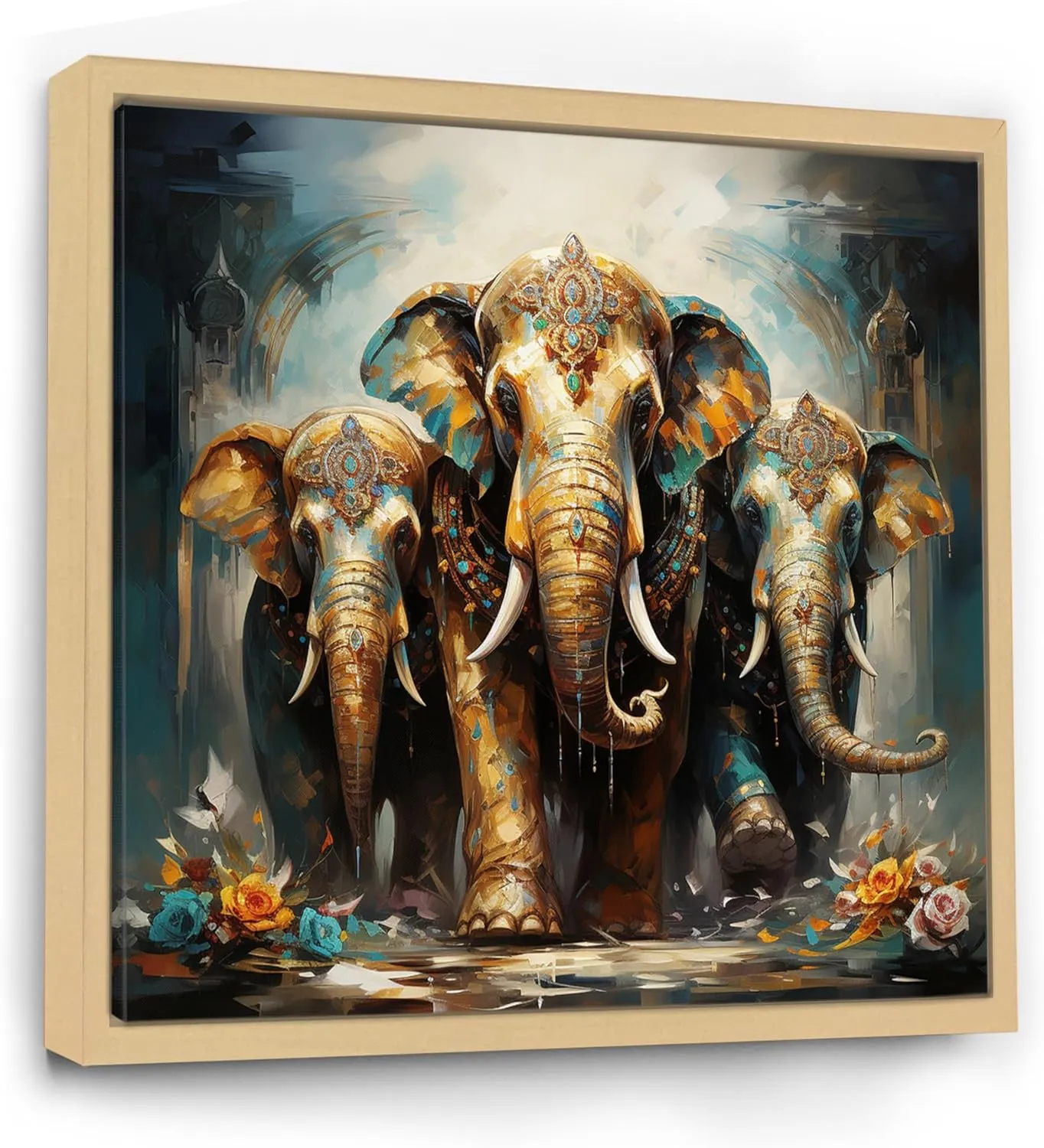 DesignQ Asian Art framed wall art, Thai Elephants Asian Painting X, asian art framed wall art decor, Grey Global Canvas Brown framed wall art, 16x16 inches