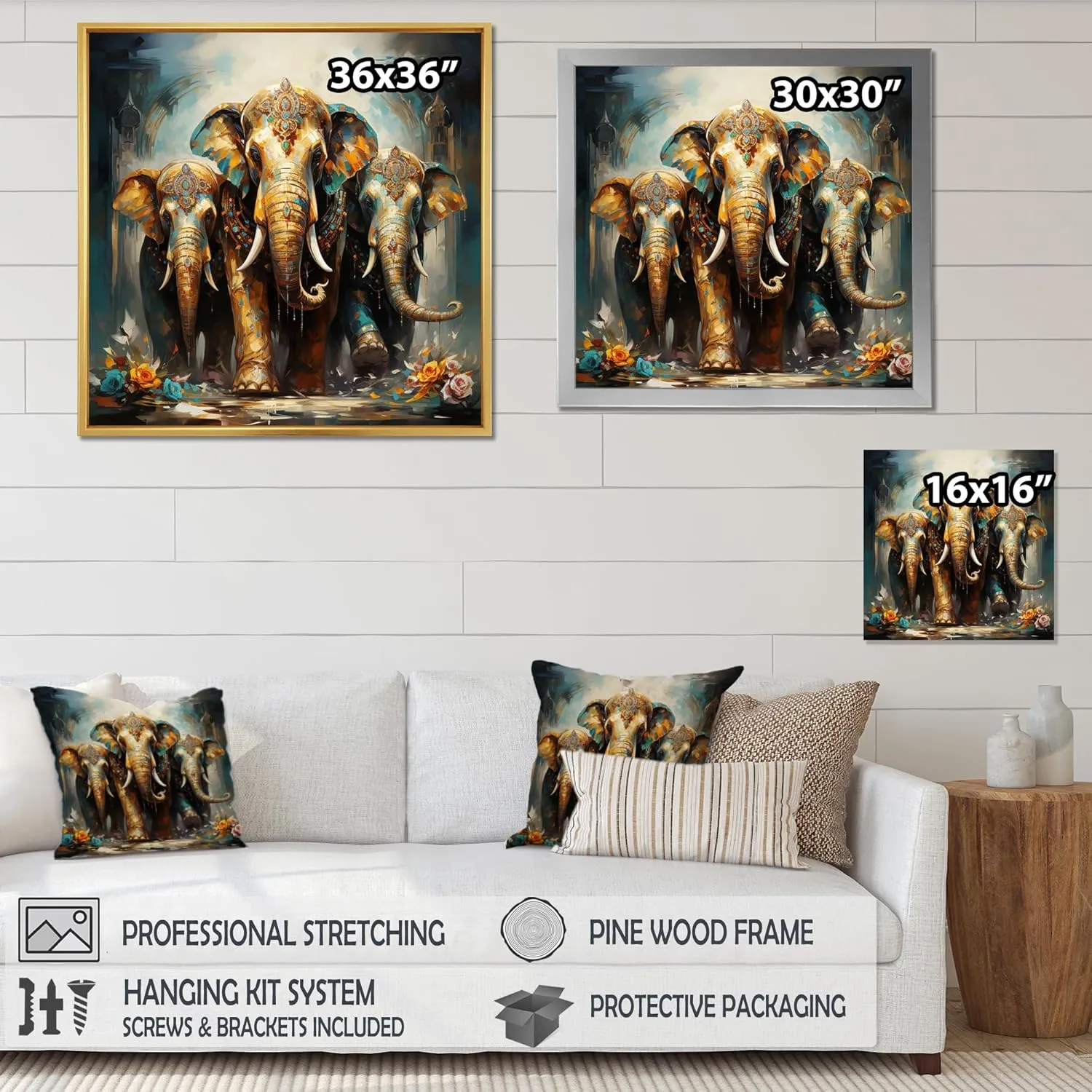 DesignQ Asian Art framed wall art, Thai Elephants Asian Painting X, asian art framed wall art decor, Grey Global Canvas Brown framed wall art, 16x16 inches