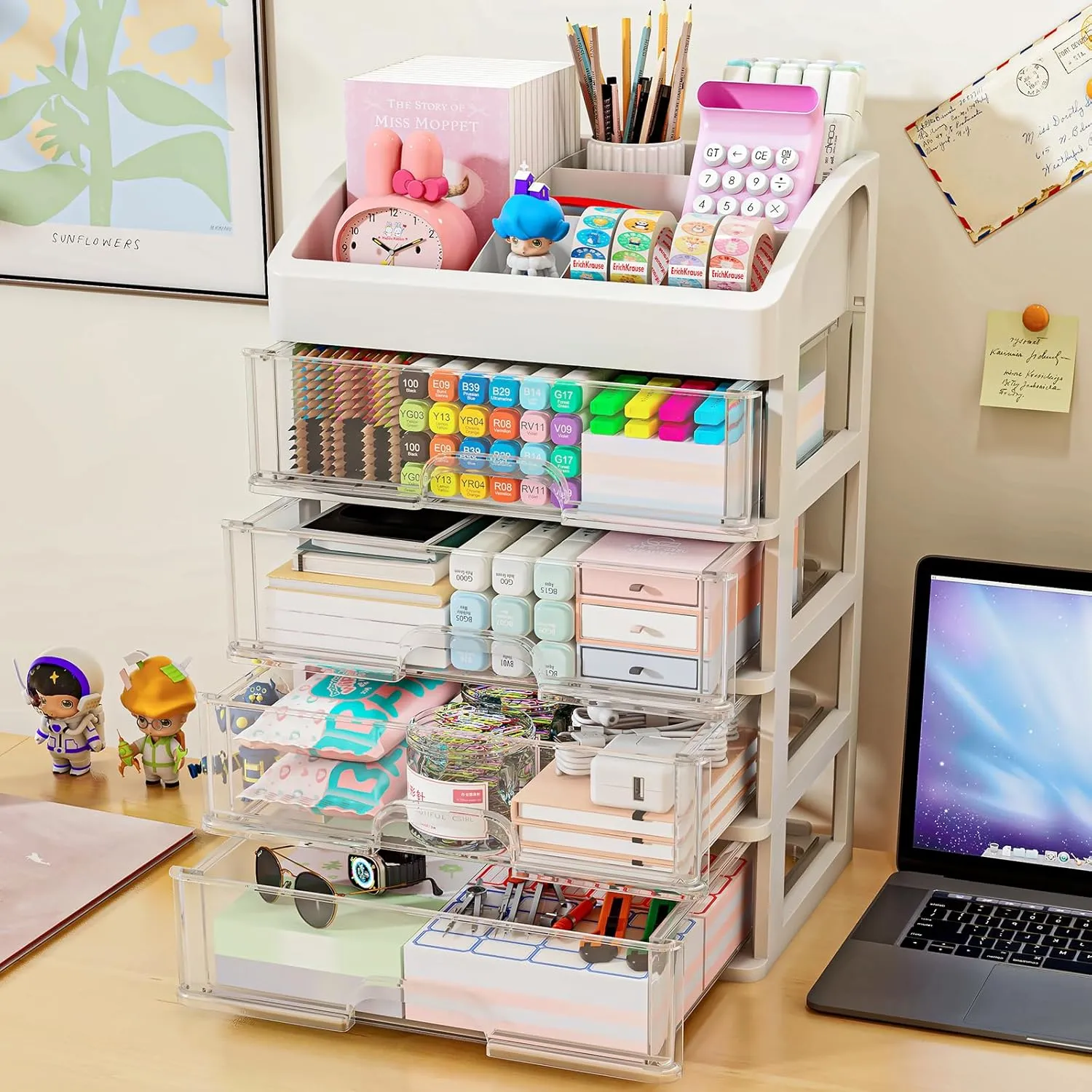 Desk Organizer with 4 Drawer Storage, Desktop Drawers Organizer for Office/School Supplies, Plastic Stationary Makeup Organizer, Desk Storage Box Organizer for Office, School, Bathroom