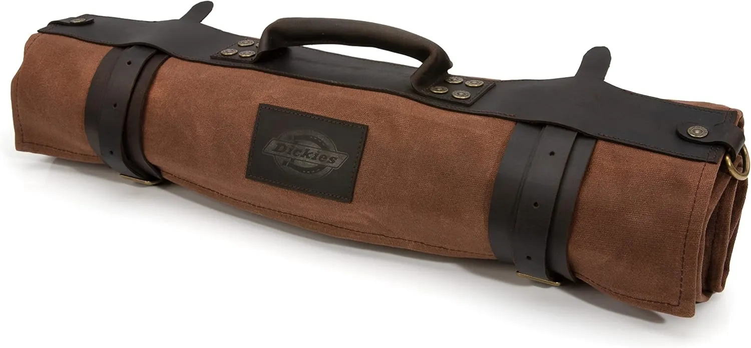 Dickies Chef Knife Roll Bag Portable Organizer and Cutlery Storage Roll, Waxed Canvas and Leather, Large