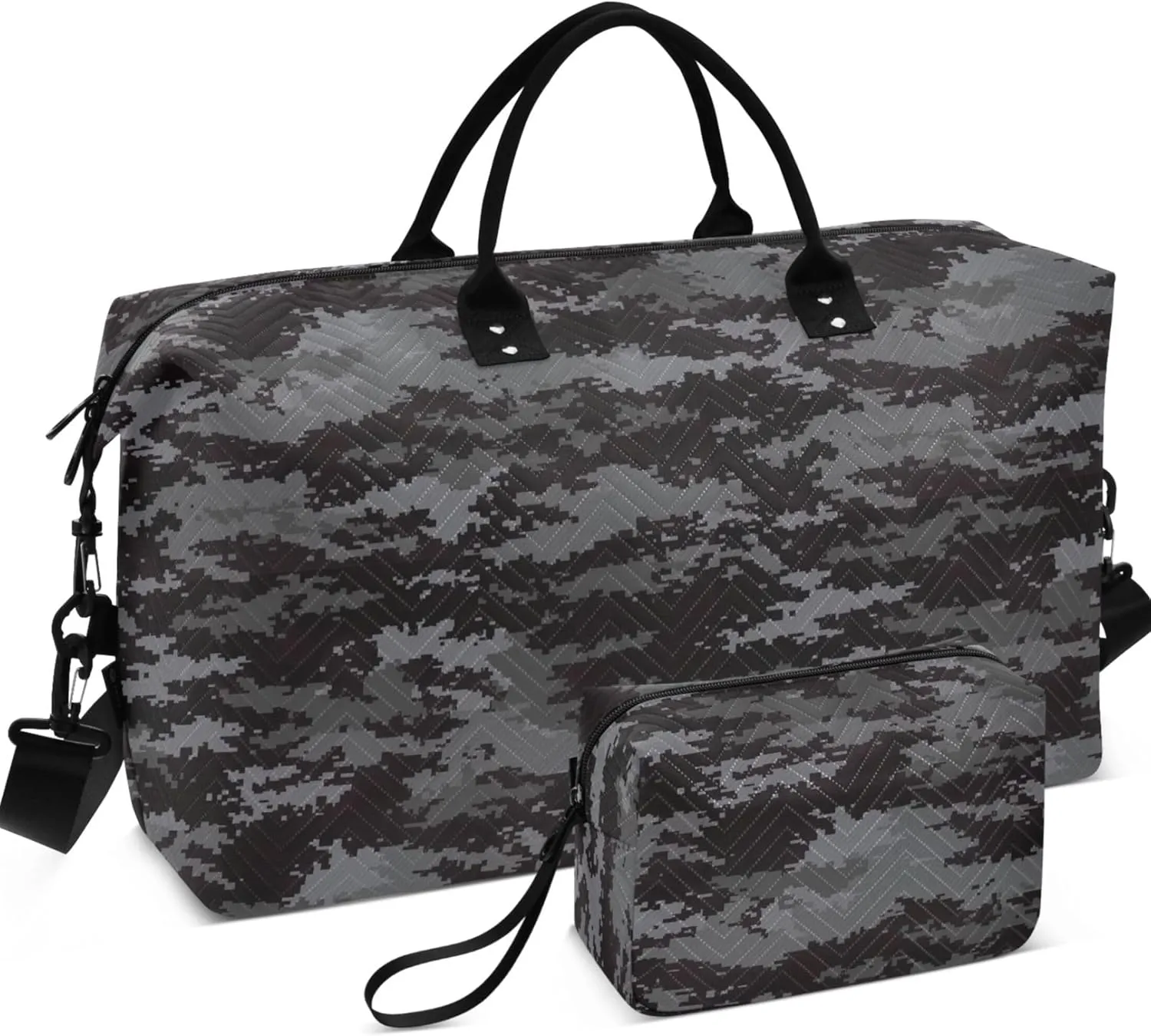 Digital Pixel Camouflage Black Duffel Travel Makeup Pouch Set, Print Women Garment Duffel Bag Carry on Duffel Bag