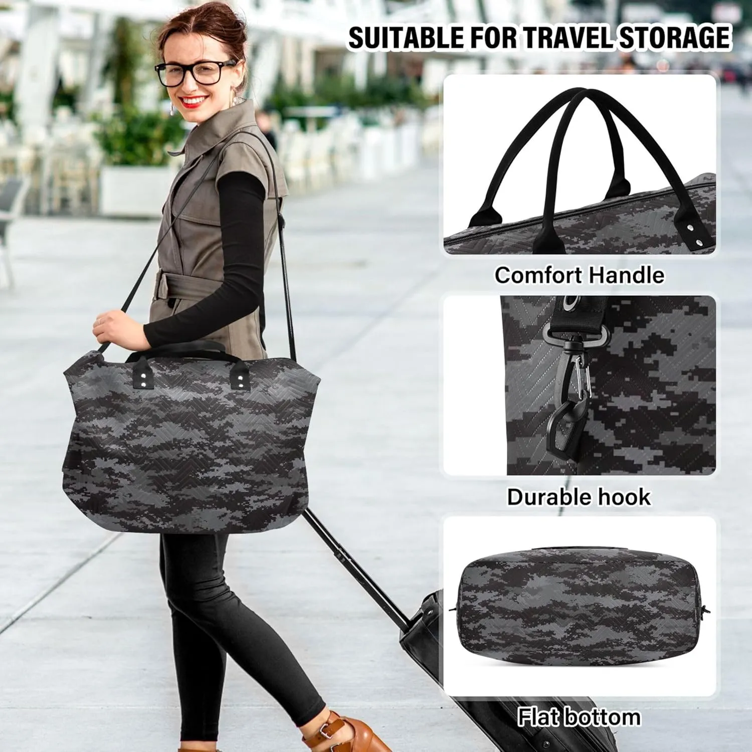Digital Pixel Camouflage Black Duffel Travel Makeup Pouch Set, Print Women Garment Duffel Bag Carry on Duffel Bag