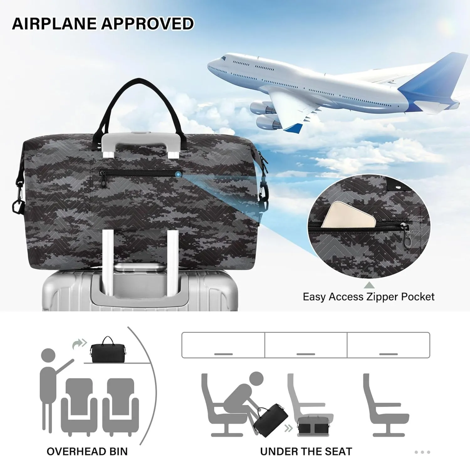 Digital Pixel Camouflage Black Duffel Travel Makeup Pouch Set, Print Women Garment Duffel Bag Carry on Duffel Bag